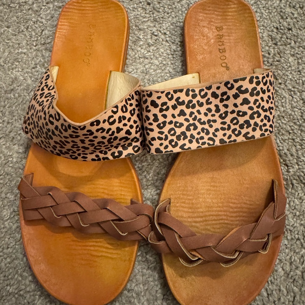 BAMBOO Leopard Print and Brown Braided Slide Sandals